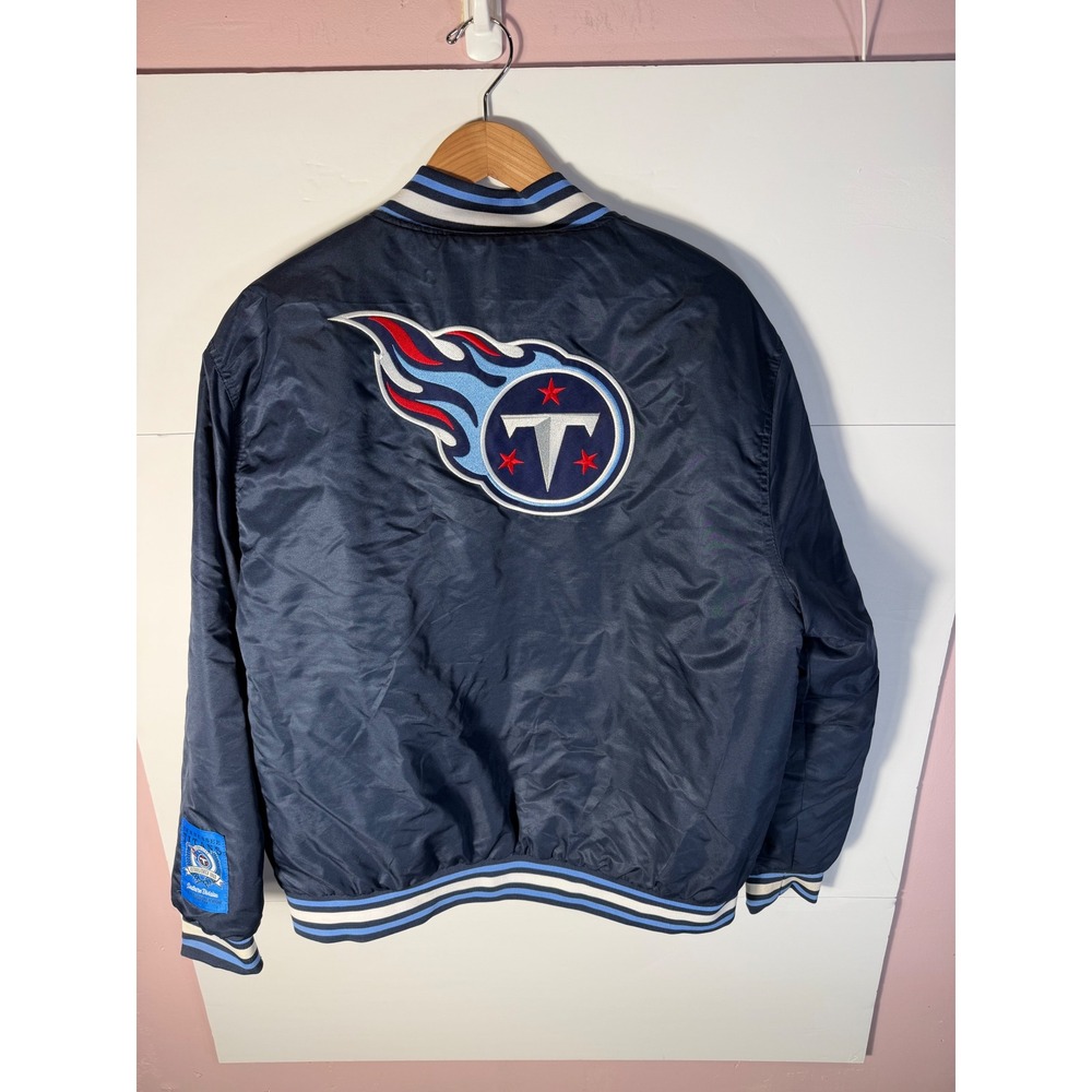 NFL Team Apparel Tennessee Titans Bomber Jacket Navy Blue XL Snap Button Satin